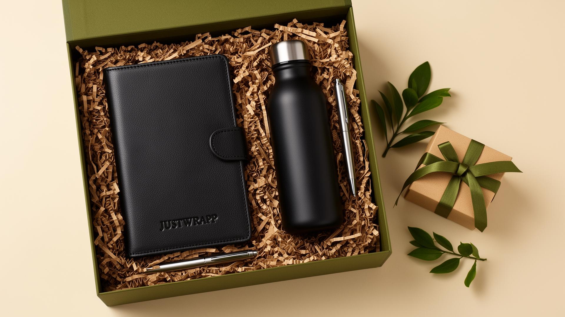 Premium JustWrapp gift box with notebook, bottle and accessories