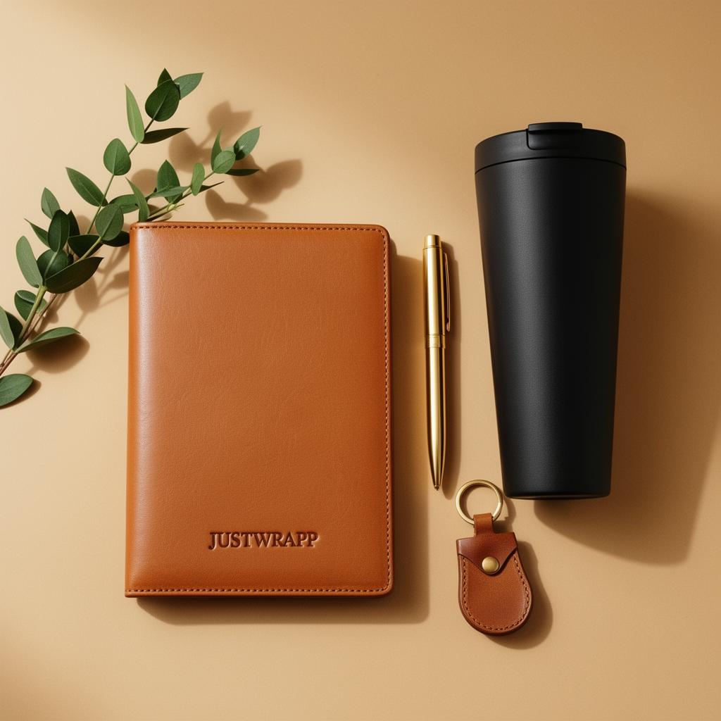 Leather notebook, premium bottle and accessories flatlay