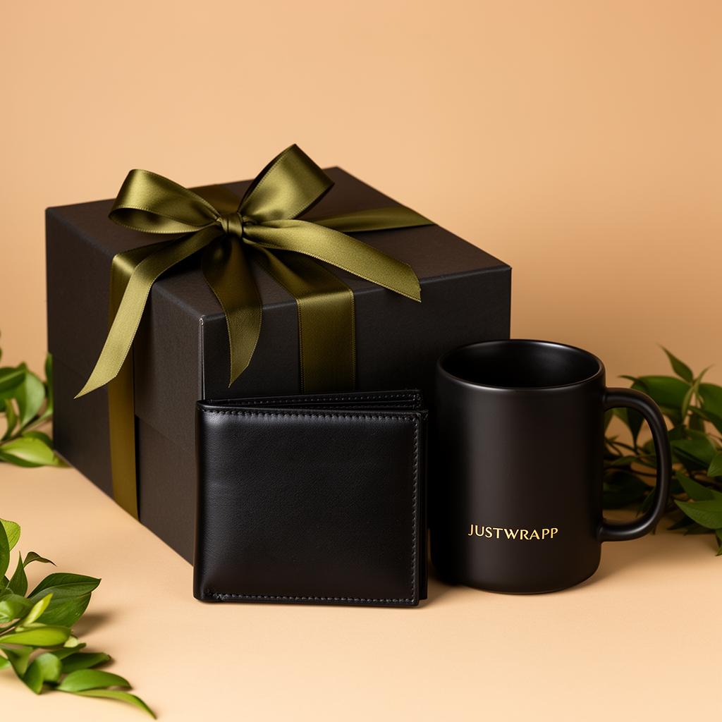 Premium wrapped gift box with leather wallet and mug